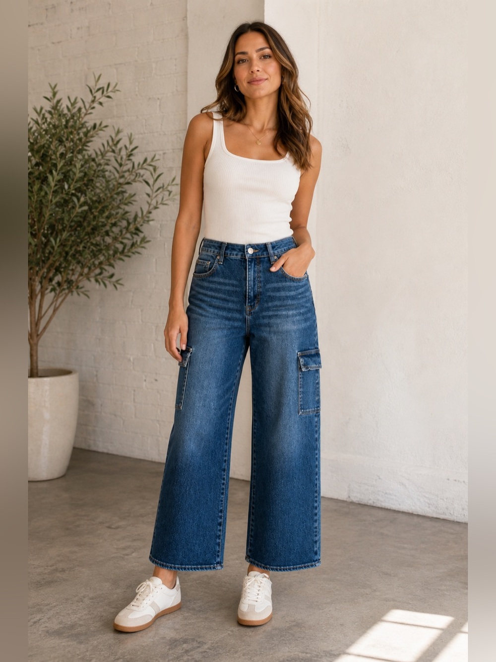 Wide Leg Cargo Jeans - Dark Blue Denim
